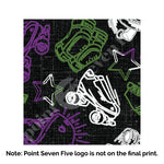 Load image into Gallery viewer, A closeup of the Pride Skate print, caption at the bottom reads &quot;Note: Point Seven Five logo is not onthe final print.&quot; The print has rollerskates, helmets, stars &amp; knee pads. The graphics are in the colours of the Genderqueer Pride Flag green, purple and white. 
