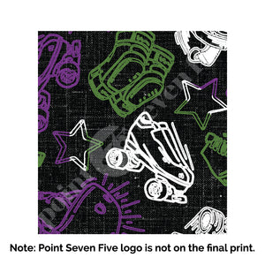 A closeup of the Pride Skate print, caption at the bottom reads "Note: Point Seven Five logo is not onthe final print." The print has rollerskates, helmets, stars & knee pads. The graphics are in the colours of the Genderqueer Pride Flag green, purple and white. 