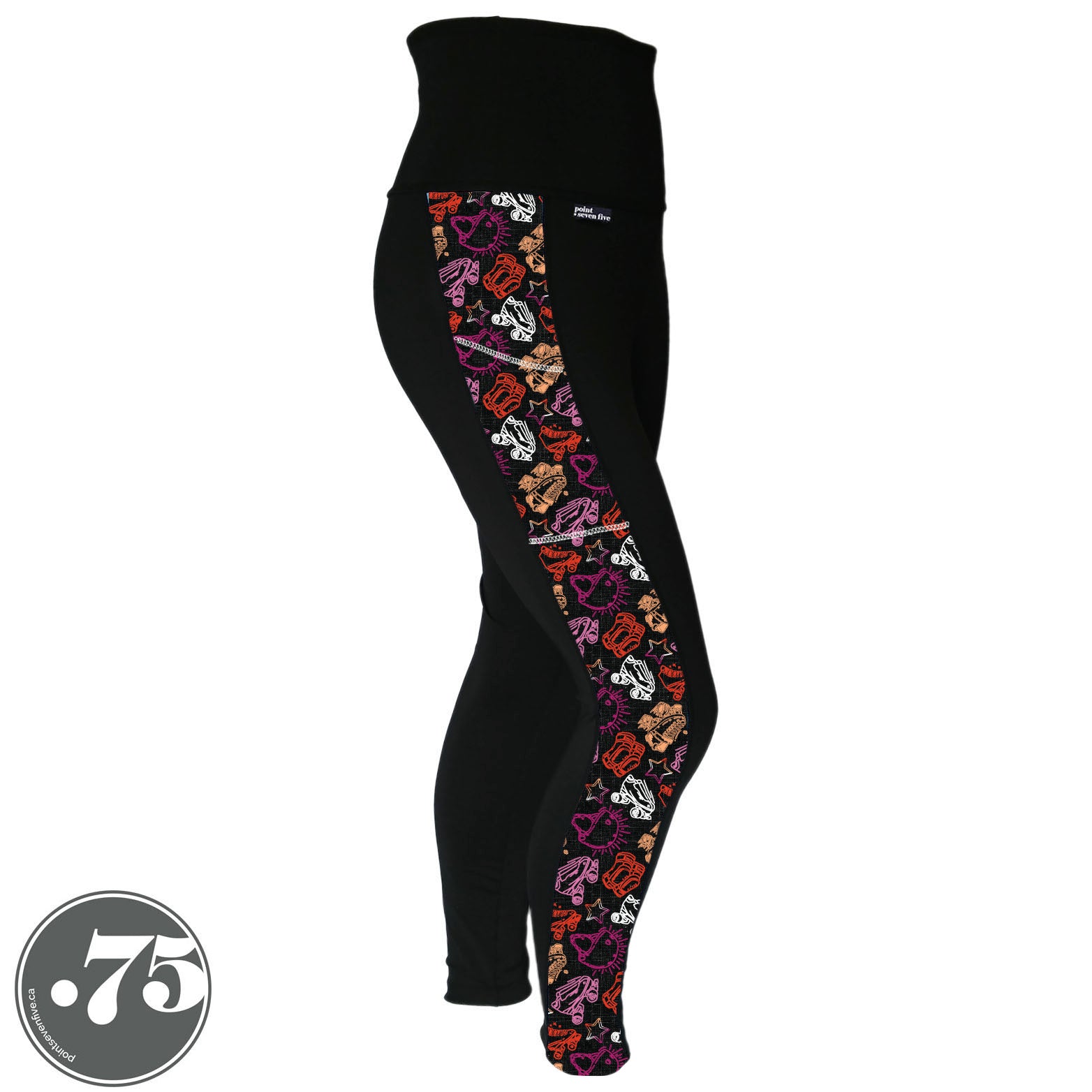 A pair of black spandex leggings on a mannequin, the leggings have a 3.5” wide stripe down the side that has a printed fabric with rollerskates, helmets, stars & knee pads. The graphics are in the colours of the Lesbian Pride Flag Colours orange, light orange, white, light pink and dark pink.