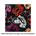 Load image into Gallery viewer, A closeup of the Pride Skate print, caption at the bottom reads &quot;Note: Point Seven Five logo is not onthe final print.&quot; The print has rollerskates, helmets, stars &amp; knee pads. The graphics are in the colours of the Lesbian Pride Flag Colours orange, light orange, white, light pink and dark pink.

