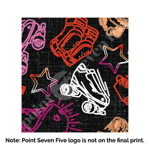 A closeup of the Pride Skate print, caption at the bottom reads "Note: Point Seven Five logo is not onthe final print." The print has rollerskates, helmets, stars & knee pads. The graphics are in the colours of the Lesbian Pride Flag Colours orange, light orange, white, light pink and dark pink.