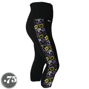 A pair of black spandex capri leggings on a mannequin, the leggings have a 3.5” wide stripe down the side that has a printed fabric with rollerskates, helmets, stars & knee pads. The graphics are in the colours of the Non-Binary Pride Flag, white, black, purple and yellow. 