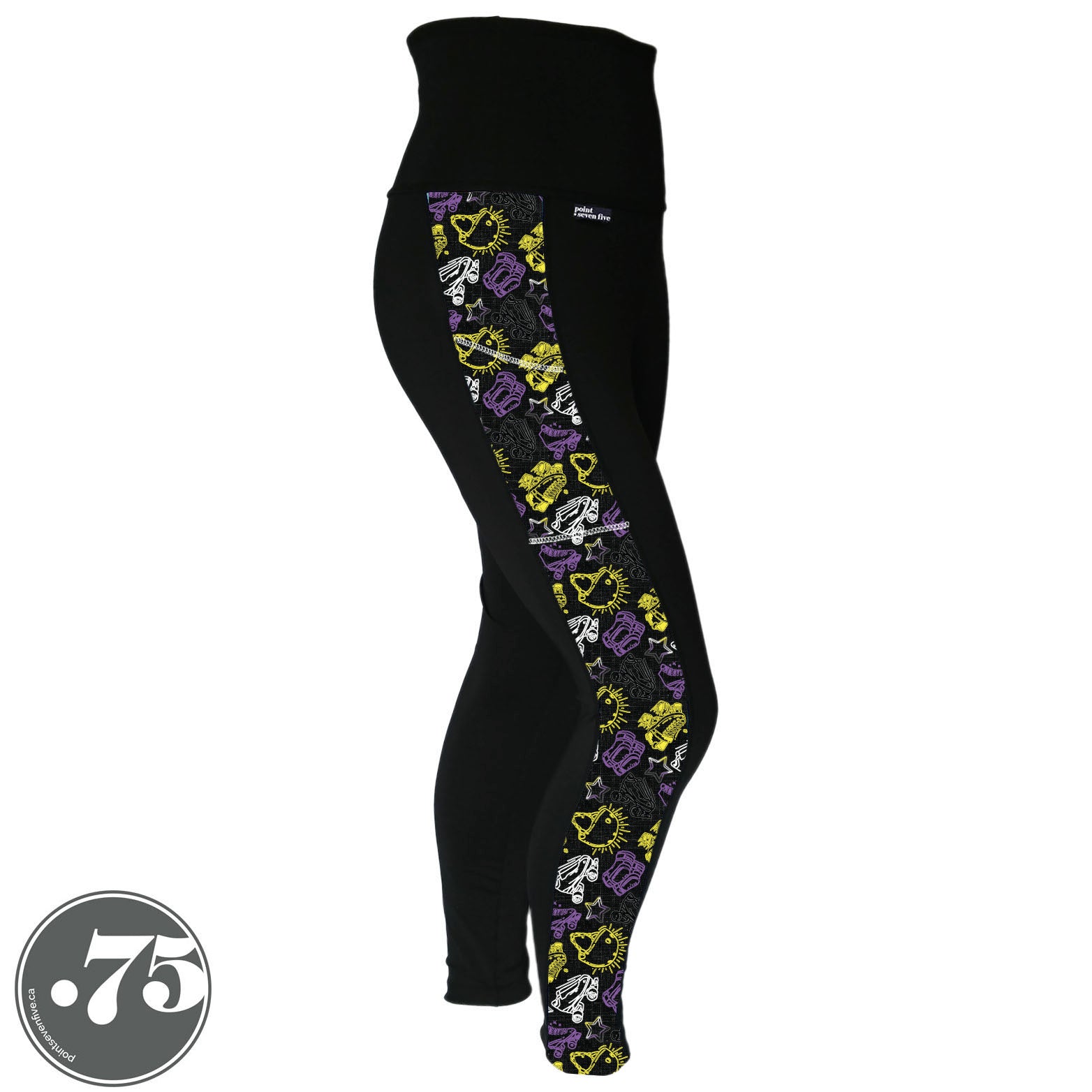 A pair of black spandex leggings on a mannequin, the leggings have a 3.5” wide stripe down the side that has a printed fabric with rollerskates, helmets, stars & knee pads. The graphics are in the colours of the Non-Binary Pride Flag, white, black, purple and yellow. 