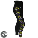 Load image into Gallery viewer, A pair of black spandex leggings on a mannequin, the leggings have a 3.5” wide stripe down the side that has a printed fabric with rollerskates, helmets, stars &amp; knee pads. The graphics are in the colours of the Non-Binary Pride Flag, white, black, purple and yellow. 
