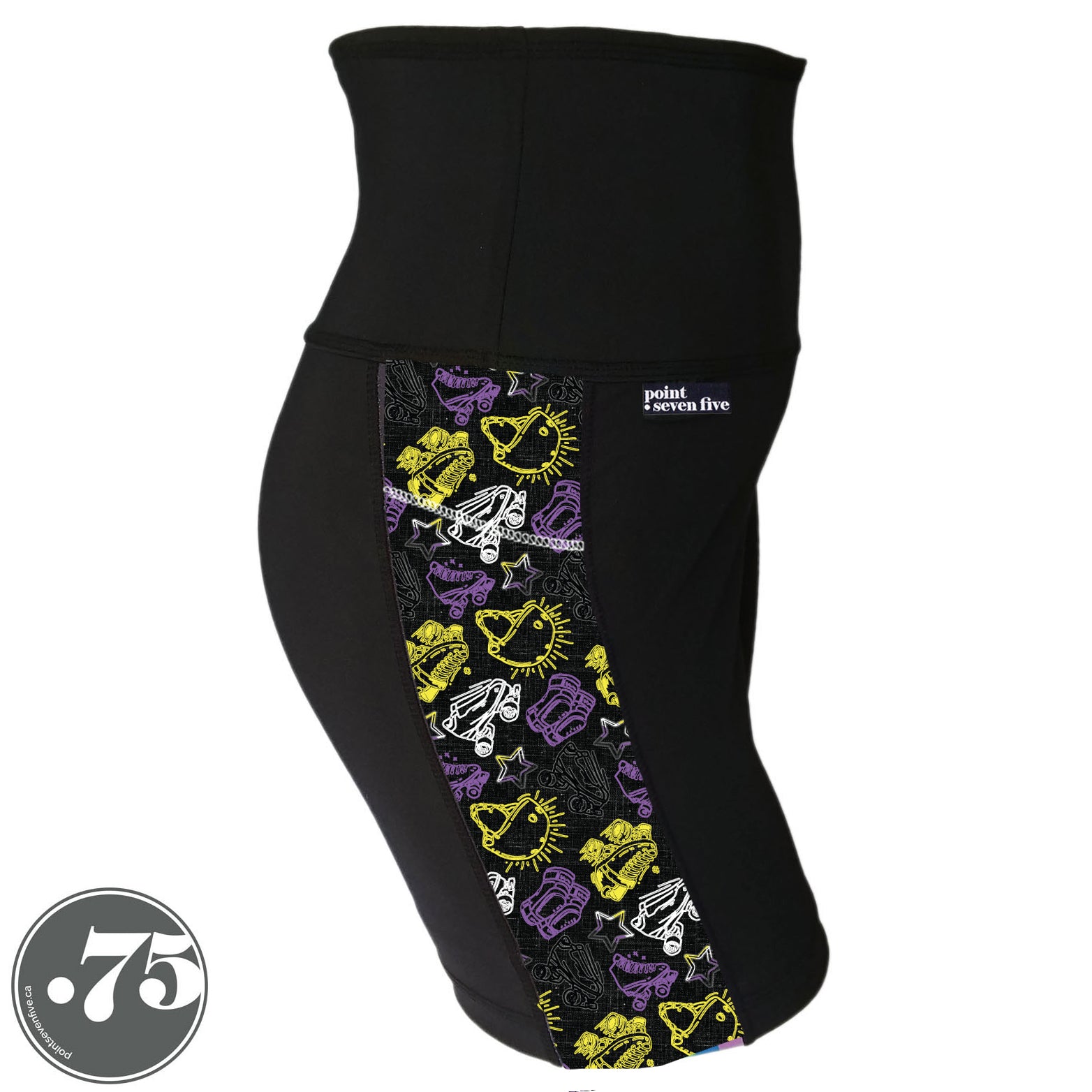 A pair of black spandex lift length shorts on a mannequin, the leggings have a 3.5” wide stripe down the side that has a printed fabric with rollerskates, helmets, stars & knee pads. The graphics are in the colours of the Non-Binary Pride Flag, white, black, purple and yellow. 