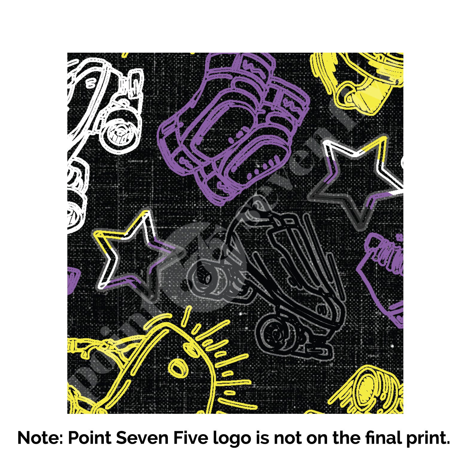 A closeup of the Pride Skate print, caption at the bottom reads "Note: Point Seven Five logo is not onthe final print." The print has rollerskates, helmets, stars & knee pads. The graphics are in the colours of the Non-Binary Pride Flag, white, black, purple and yellow. 