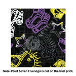 Load image into Gallery viewer, A closeup of the Pride Skate print, caption at the bottom reads &quot;Note: Point Seven Five logo is not onthe final print.&quot; The print has rollerskates, helmets, stars &amp; knee pads. The graphics are in the colours of the Non-Binary Pride Flag, white, black, purple and yellow. 
