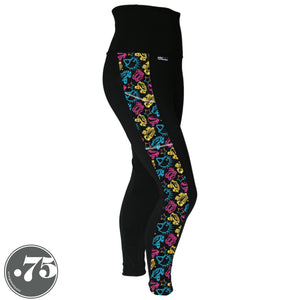 A pair of black spandex leggings on a mannequin, the leggings have a 3.5” wide stripe down the side that has a printed fabric with rollerskates, helmets, stars & knee pads. The graphics are in the colours of the Pan Pride Flag pink, blue and  yellow.  