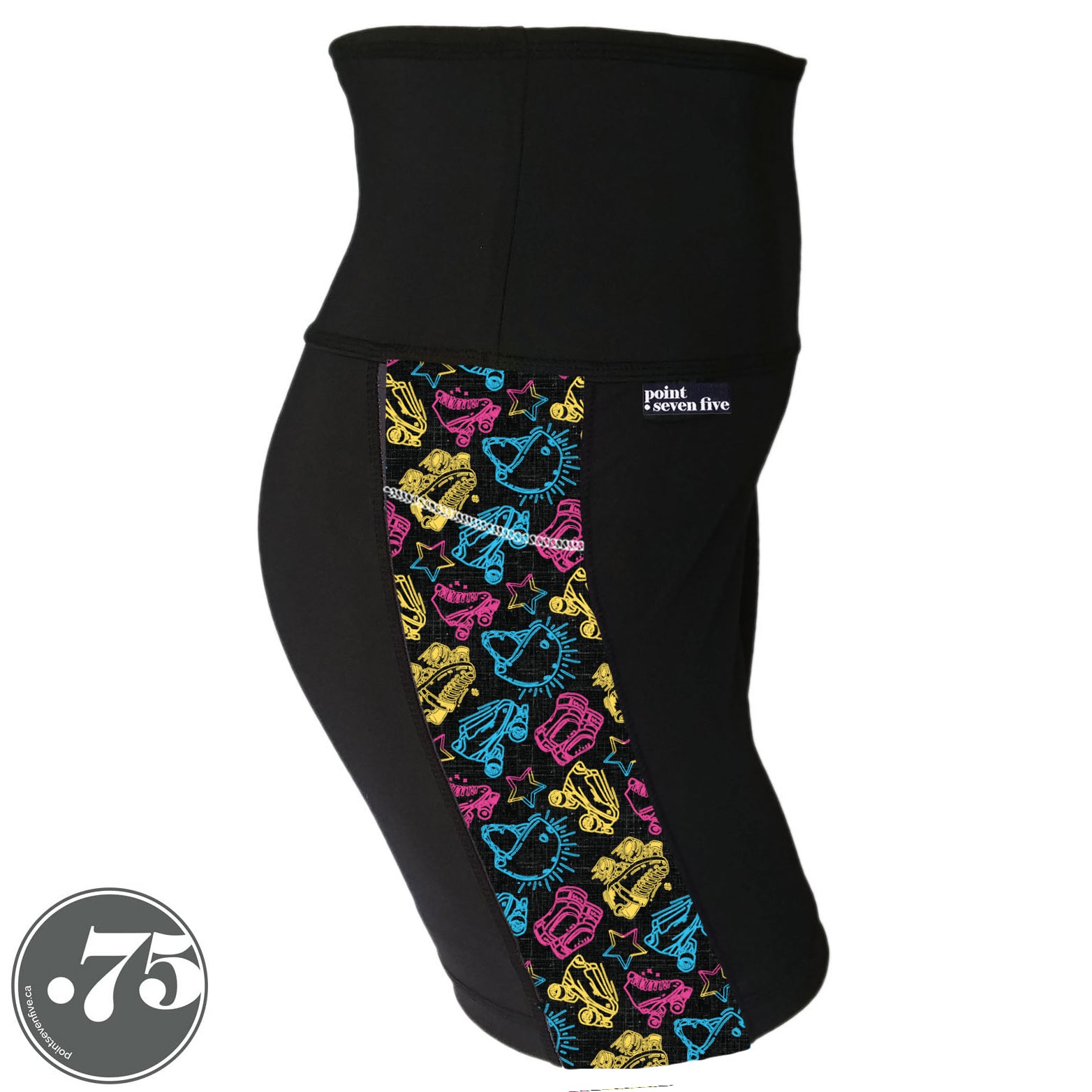 A pair of black spandex lift length shorts on a mannequin, the leggings have a 3.5” wide stripe down the side that has a printed fabric with rollerskates, helmets, stars & knee pads. The graphics are in the colours of the Pan Pride Flag pink, blue and  yellow. 