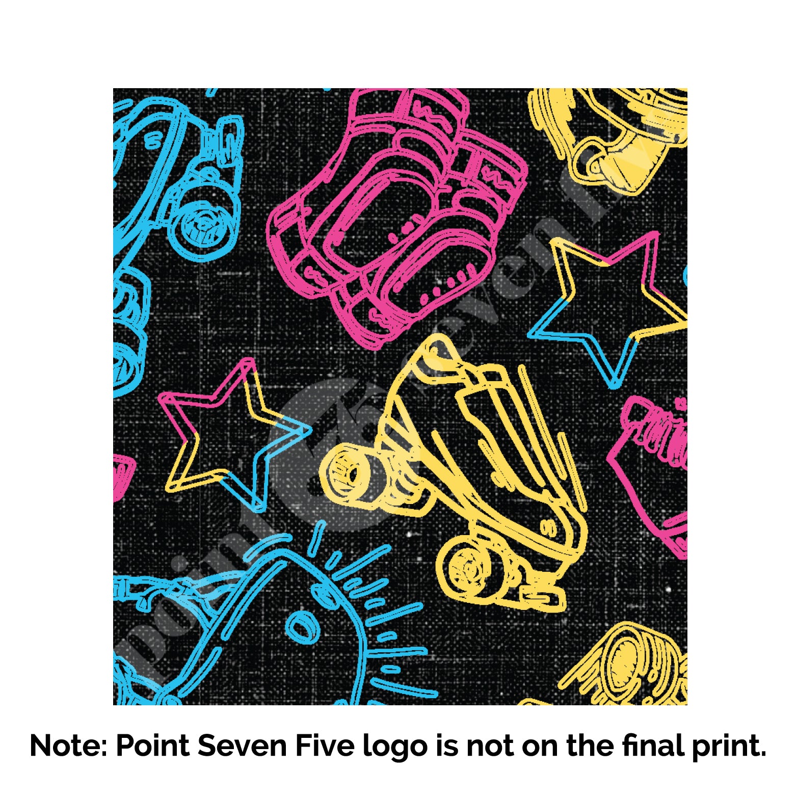 A closeup of the Pride Skate print, caption at the bottom reads "Note: Point Seven Five logo is not onthe final print." The print has rollerskates, helmets, stars & knee pads. The graphics are in the colours of the Pan Pride Flag pink, blue and  yellow.