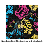 Load image into Gallery viewer, A closeup of the Pride Skate print, caption at the bottom reads &quot;Note: Point Seven Five logo is not onthe final print.&quot; The print has rollerskates, helmets, stars &amp; knee pads. The graphics are in the colours of the Pan Pride Flag pink, blue and  yellow.
