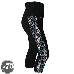 A pair of black spandex capri leggings on a mannequin, the leggings have a 3.5” wide stripe down the side that has a printed fabric with rollerskates, helmets, stars & knee pads. The graphics are in the colours of the Trans Pride Flag pink, white and light blue.  