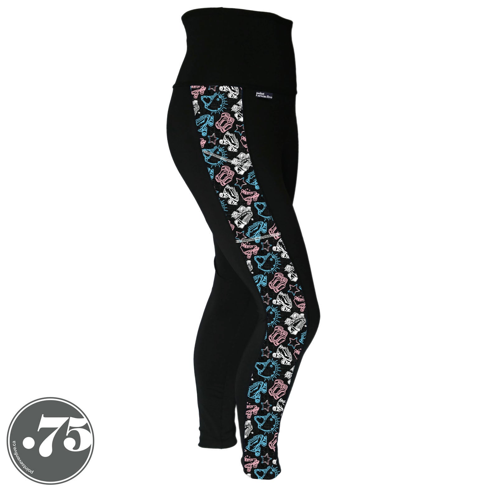 A pair of black spandex leggings on a mannequin, the leggings have a 3.5” wide stripe down the side that has a printed fabric with rollerskates, helmets, stars & knee pads. The graphics are in the colours of the Trans Pride Flag pink, white and light blue.  
