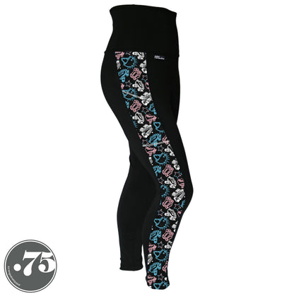 A pair of black spandex leggings on a mannequin, the leggings have a 3.5” wide stripe down the side that has a printed fabric with rollerskates, helmets, stars & knee pads. The graphics are in the colours of the Trans Pride Flag pink, white and light blue.  