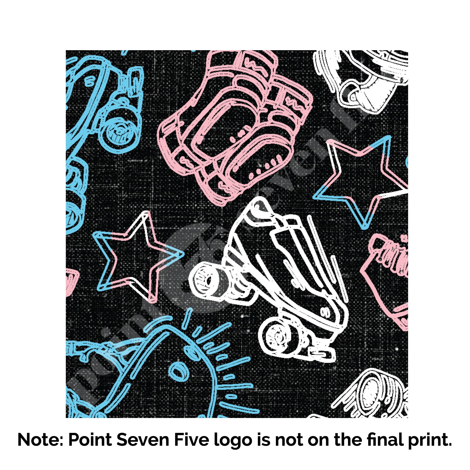 A closeup of the Pride Skate print, caption at the bottom reads "Note: Point Seven Five logo is not onthe final print." The print has rollerskates, helmets, stars & knee pads. The graphics are in the colours of the Trans Pride Flag pink, white and light blue.