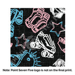 Load image into Gallery viewer, A closeup of the Pride Skate print, caption at the bottom reads &quot;Note: Point Seven Five logo is not onthe final print.&quot; The print has rollerskates, helmets, stars &amp; knee pads. The graphics are in the colours of the Trans Pride Flag pink, white and light blue.
