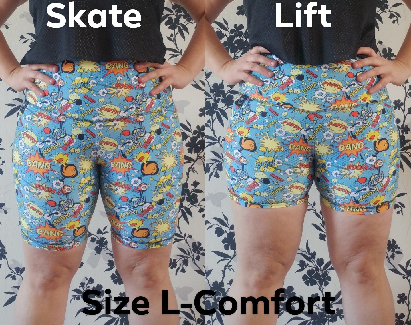 Two side by side images of myself wearing pairs of blue spandex shorts, a front view. The left is longer, the right is shorter. The captions read “Skate” on the top left, “Lift” on the top right, “Size L-Comfort” across the bottom. 