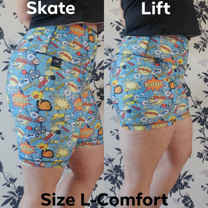 Two side by side images of myself wearing pairs of blue spandex shorts, a side view. The left is longer, the right is shorter. The captions read “Skate” on the top left, “Lift” on the top right, “Size L-Comfort” across the bottom.